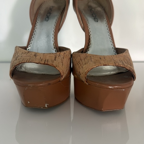 bebe Natural Beige Leather Cork 6” Platform Statement High Heels Silver Sole - Picture 4 of 8